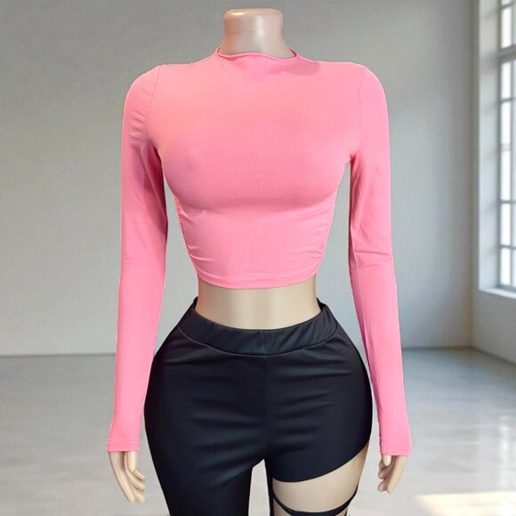 Pink Open Back Long Sleeve Cropped Top - Picture 5 of 6
